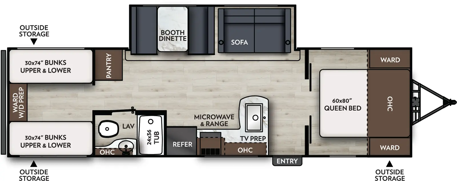 The Apex Ultra-Lite 29BHX floorplan has one entry and one slide out. Exterior features include: fiberglass exterior and 14' awning. Interiors features include: bunk beds and front bedroom.